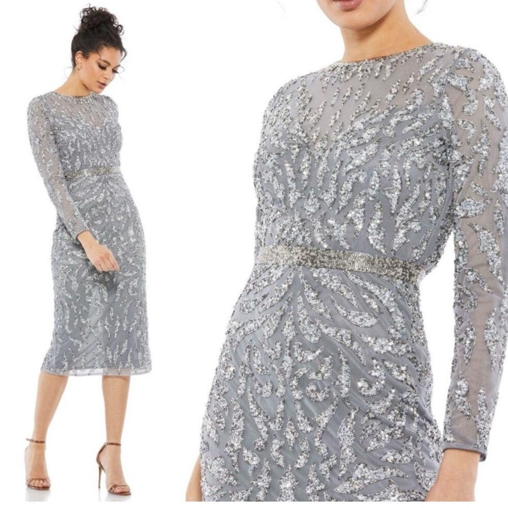 Mac Duggal Silver Long Sleeve Dress